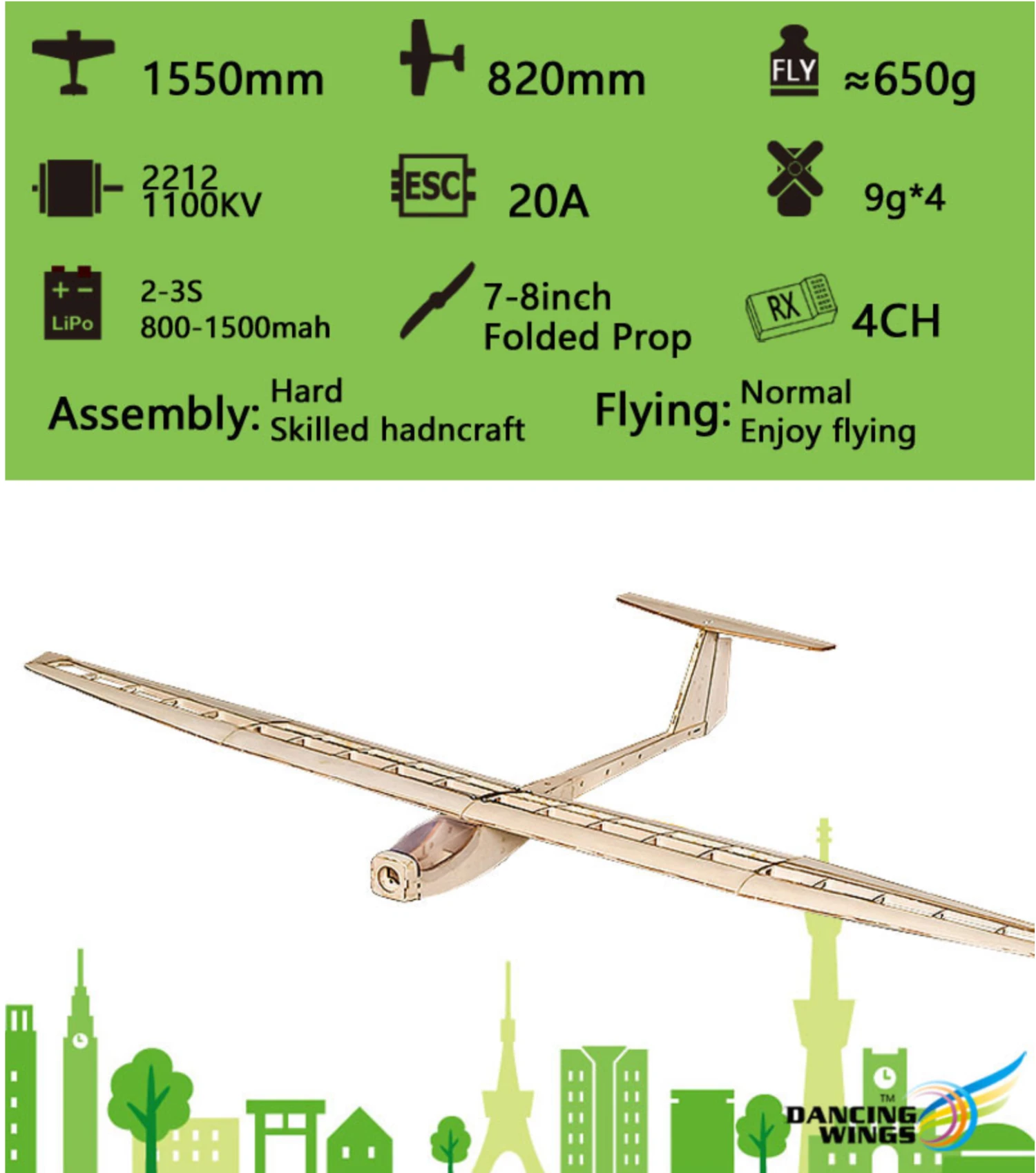 DW Models Griffen Glider Balsa Kit 1.5M (with 1100kv Motor -20amp ESC -Prop)